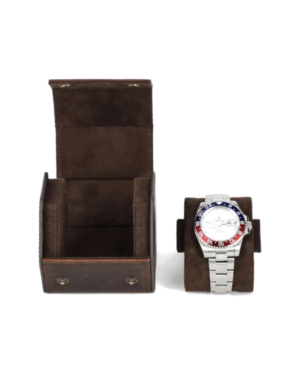 Open brown watch roll case with soft interior and single watch cushion