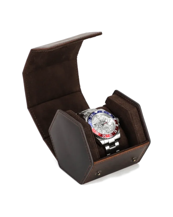 Open brown watch roll case with soft interior for single watch storage