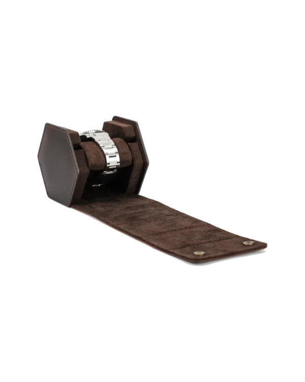 Open brown watch roll case with soft padded interior for single watch storage