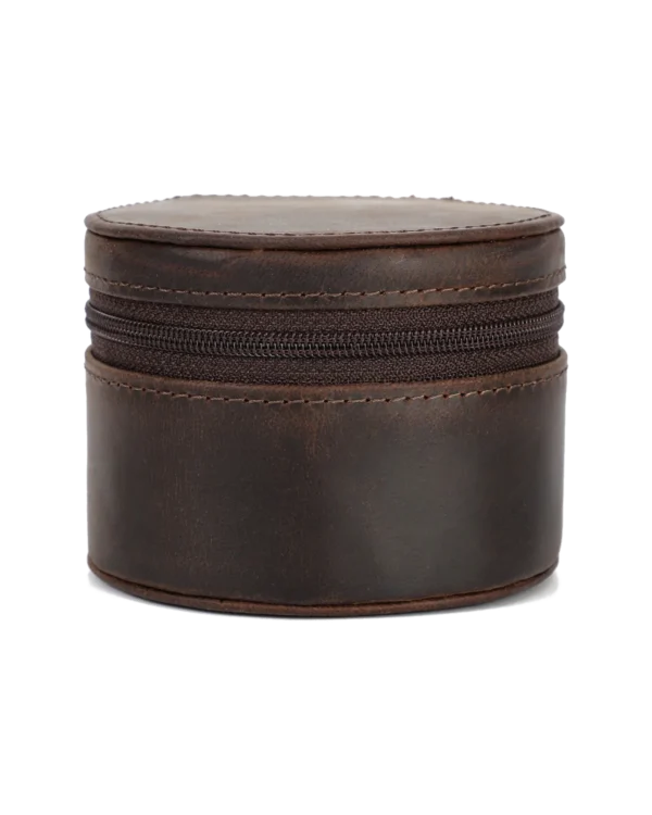Brown Round Watch Storage Case with Zipper Closure Brown round watch storage case with leather-style exterior and zipper closure