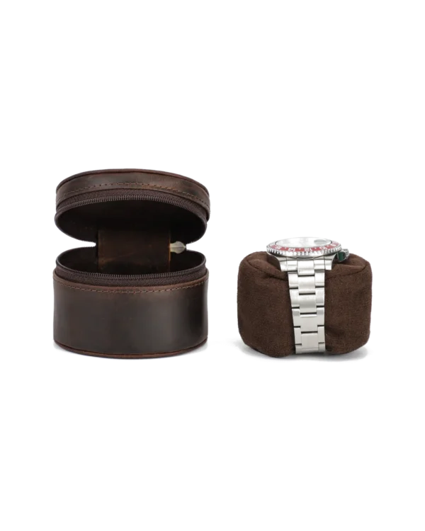 Open Brown Round Watch Storage Case with Watch Cushion Open brown round watch storage case with soft cushion and zipper closure