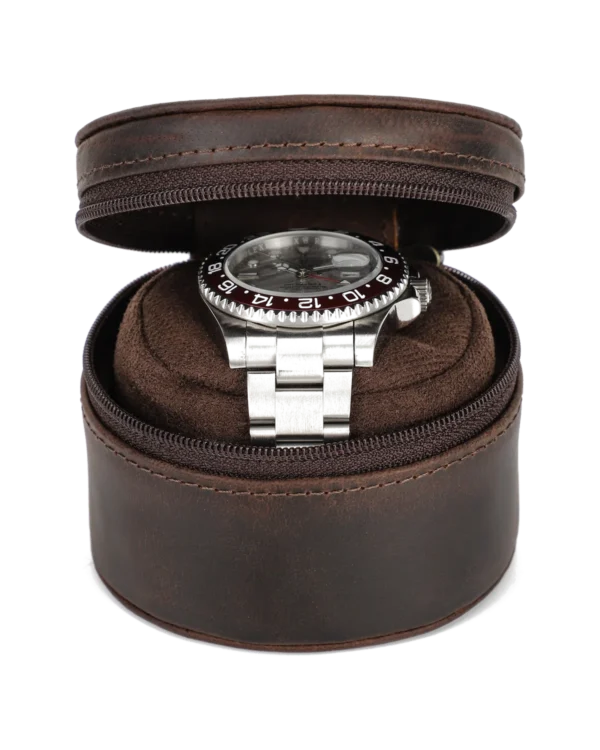 Open Brown Round Watch Storage Case with Soft Interior Open brown round watch storage case with soft interior and zipper closure
