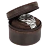 Open Brown Round Watch Storage Case with Soft Interior Open brown round watch storage case with soft interior and zipper closure