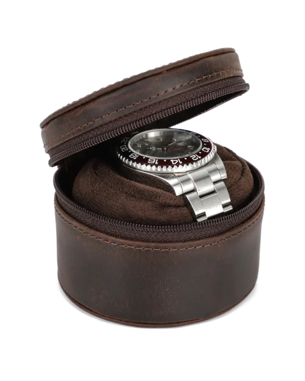Open Brown Round Watch Storage Case with Soft Interior Open brown round watch storage case with soft interior and zipper closure