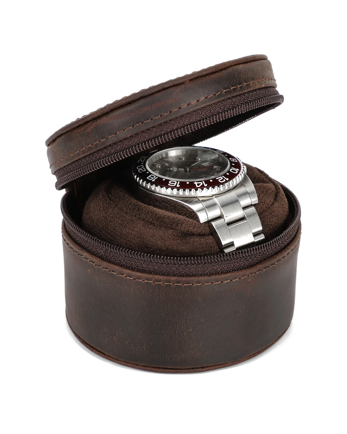 Brown Leather Watch Roll Case Open View