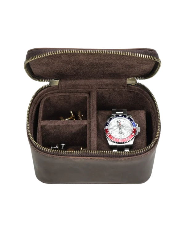 Open brown travel watch organizer case with soft interior compartments Open brown travel watch organizer case with soft interior compartments