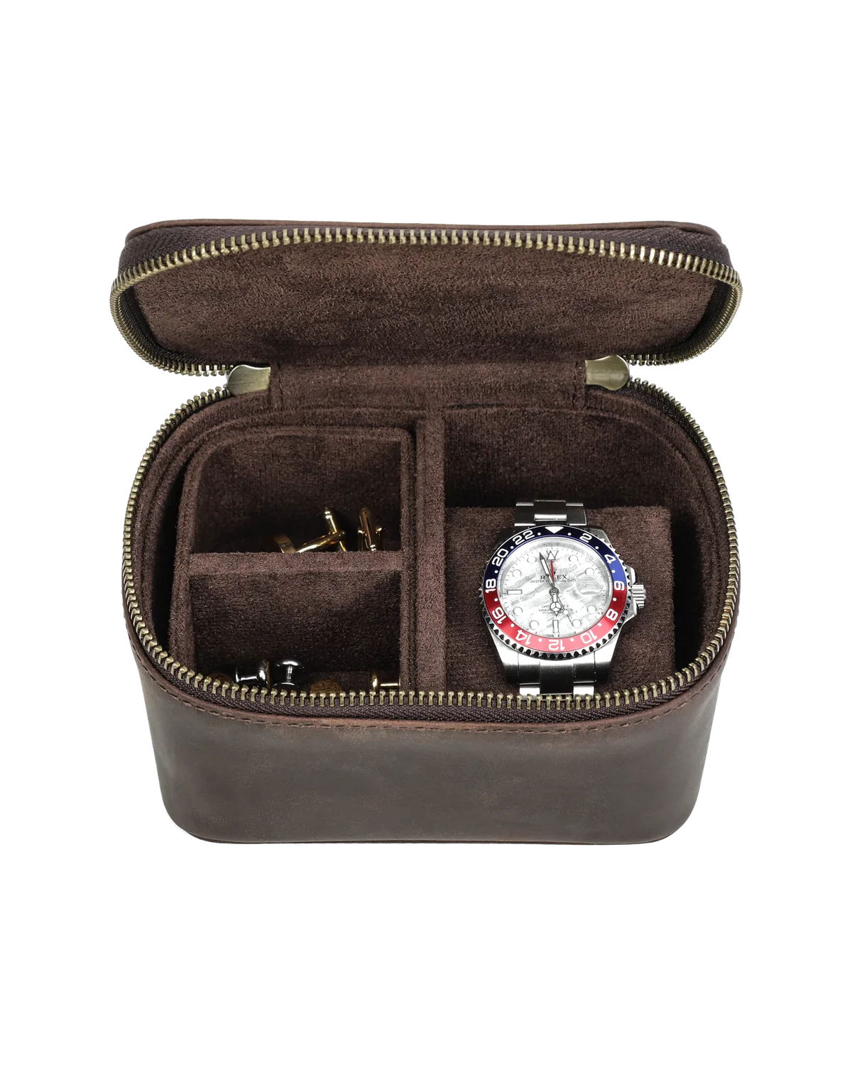 Brown Leather Watch Storage Box Open View