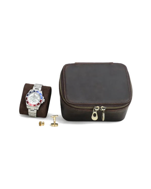 Brown Travel Watch Organizer Case with Accessory Storage Brown travel watch organizer case with zipper closure and accessory storage