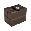 Brown Single Watch Storage Box with Snap-Button Closure Brown single watch storage box with leather-style exterior and snap-button closure