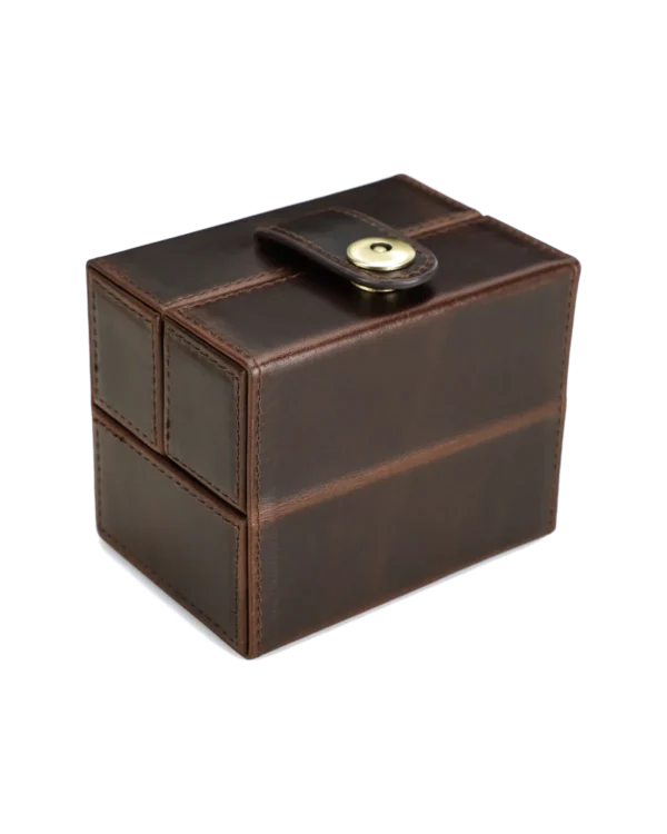 Brown Single Watch Storage Box with Snap-Button Closure Brown single watch storage box with leather-style exterior and snap-button closure