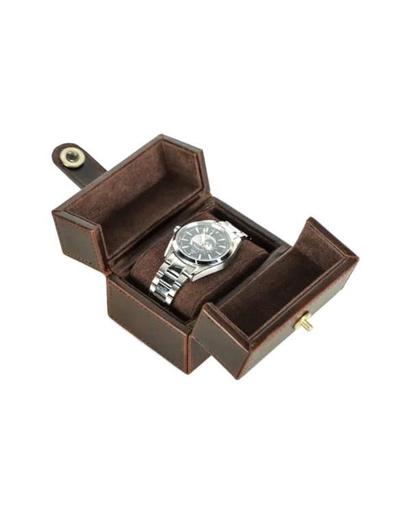 Open Brown Single Watch Storage Box with Soft Interior Open brown single watch storage box with soft interior compartment