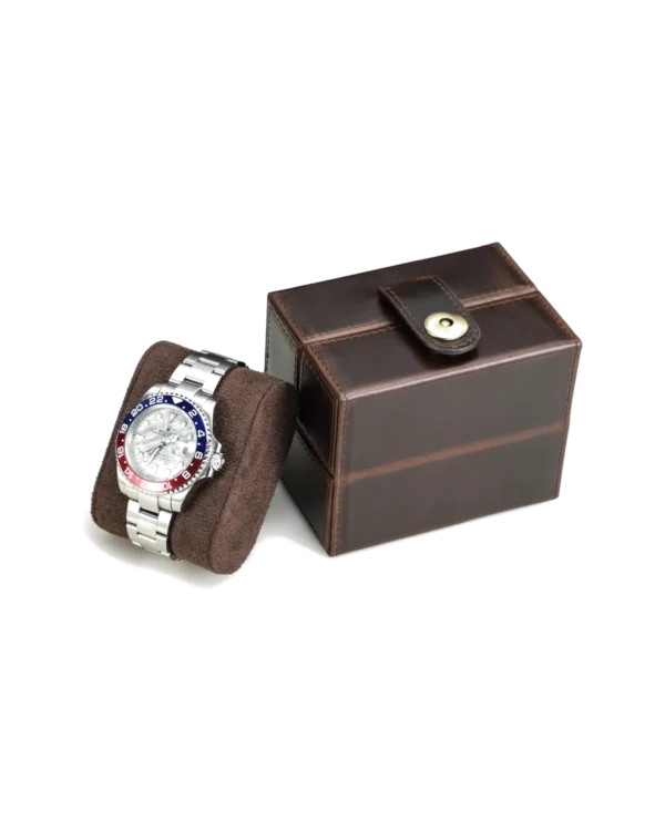 Brown Single Watch Storage Box with Watch Cushion Brown single watch storage box with watch cushion and snap-button closure