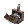 Open Brown Single Watch Storage Box with Snap-Button Closure Open brown single watch storage box with soft interior and snap-button closure