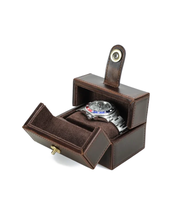 Open Brown Single Watch Storage Box with Snap-Button Closure Open brown single watch storage box with soft interior and snap-button closure