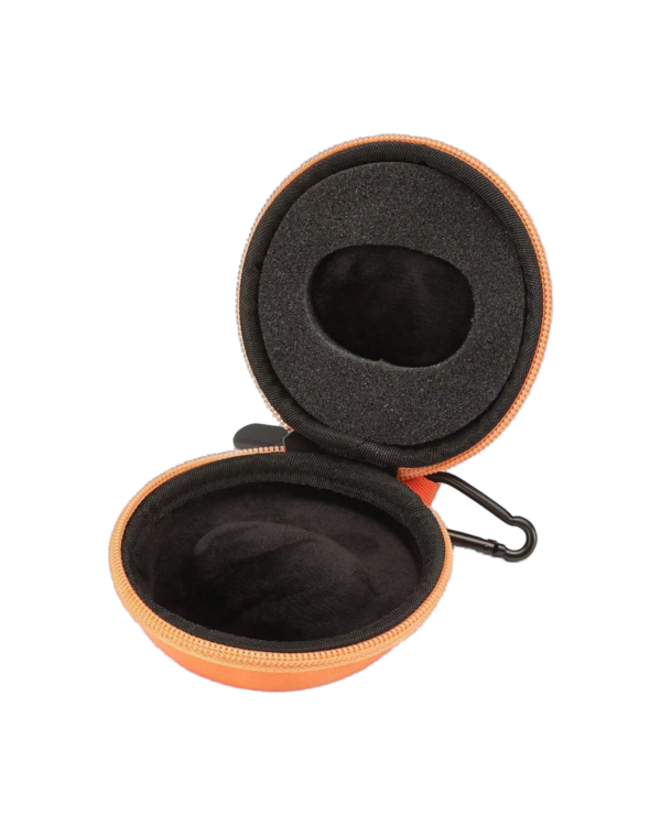 round-watch-case-orange-open-empty-front Orange Watch Travel Case – Round Zipper Case with Clip