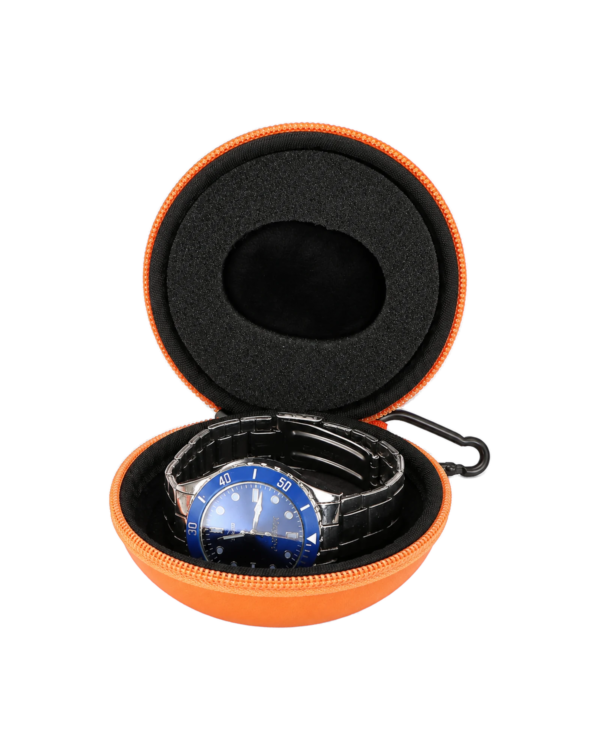 round-watch-case-orange-open-with-watch Orange Watch Travel Case – Round Zipper Case with Clip